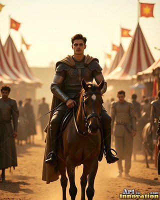 A man in armor rides a brown horse through a camp of tents
