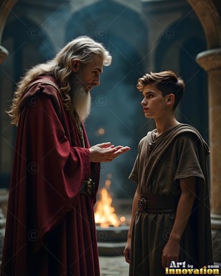 Draped in a red cloak, an older bearded man speaks to a boy inside a stone hall near a fire