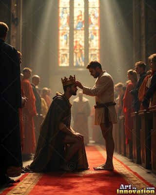 A kneeling man receives a crown from another man under soft sunlight from a stained glass window