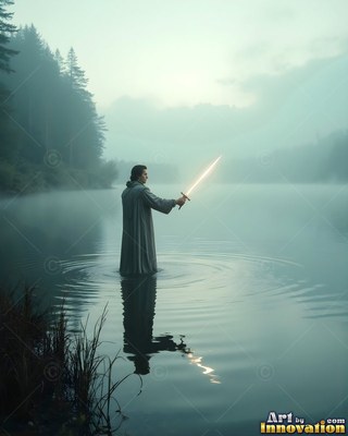 Standing in profile in a misty lake, a man in a gray robe holds up a shining sword
