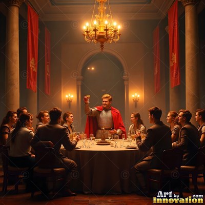 A smiling man in a red cape raises his glass to men and women around a table