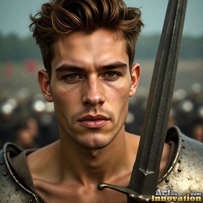 On a cloudy battlefield, a young man dressed in steel armor holds up a sword