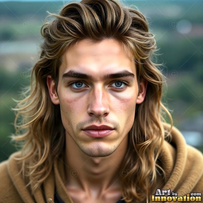 Looking forward outdoors, a young man with long wavy hair wears a brown hood