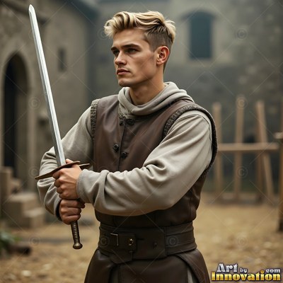 A young blond-haired man in a brown leather vest has a sword in hand