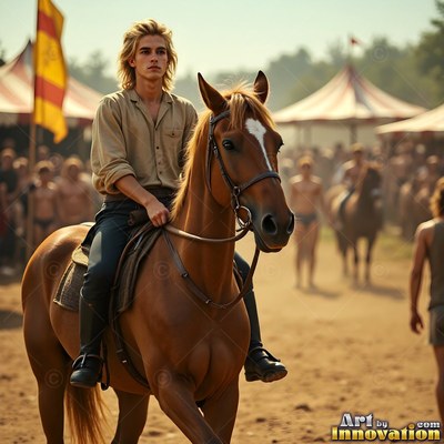 Wearing a simple tan shirt, a young blond-haired man rides a brown horse through dusty tournament grounds