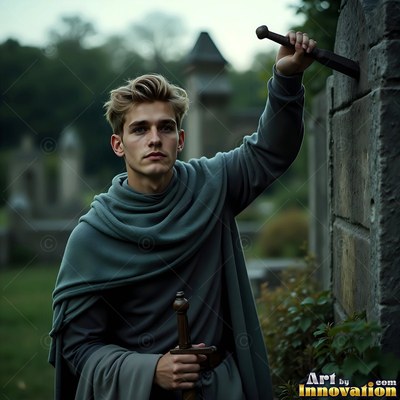 A young man reaches up to grab a hilt set into stone under dim gray light
