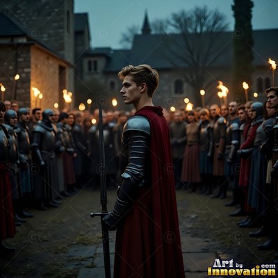 Seen in profile in a stone courtyard, a young man in armor grasps a sword
