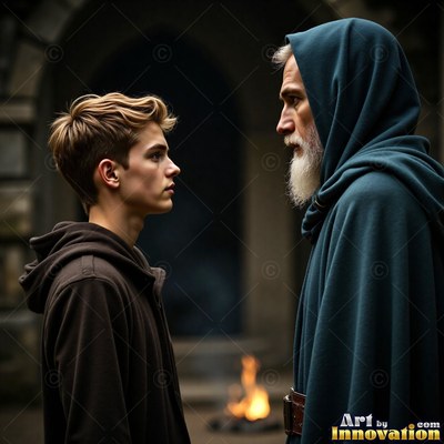 A young man looks up at an older bearded man in a hooded blue cloak