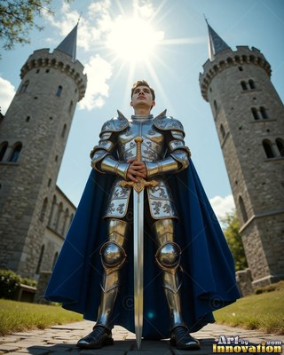 Outside a castle, a young man stands in steel armor plus a cape in blue