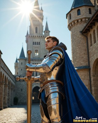 Holding a broadsword, a man in steel plate armor stands in a castle courtyard