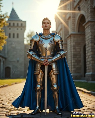 A young man in plate armor and a cape in blue grips a sword
