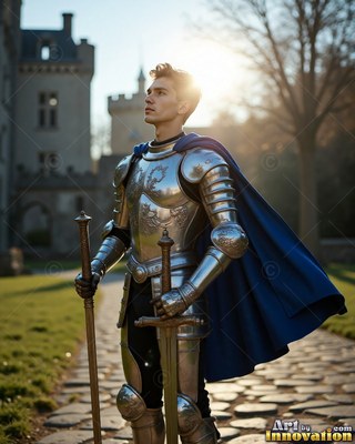 In a dark blue cape outside a sunny castle, a young man in a suit of steel armor holds two long swords