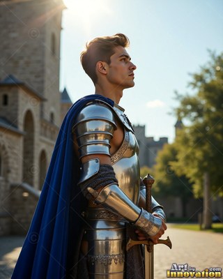 A young man stands by a stone castle holding a sword in the warm sunlight