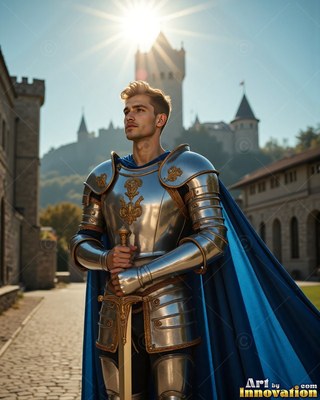 Standing upright in a castle yard, a young man holds a sword in shiny armor