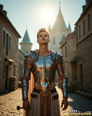 A young man wearing steel armor stands on a sunny cobblestone street