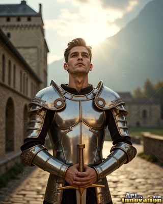 In a castle courtyard, a young man in steel armor holds his sword at rest