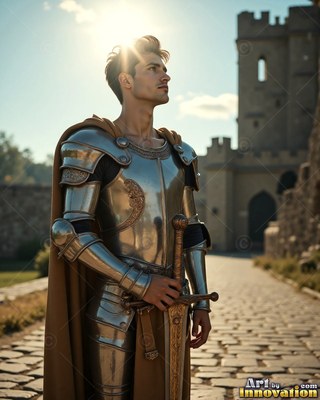 Holding his sword hilt, a young armor-clad man in steel stands by a castle road