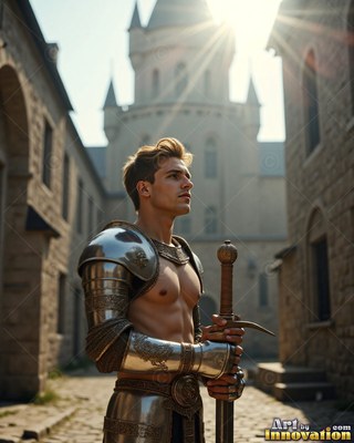 A bare-chested young man in steel armor holds a sword outside a castle