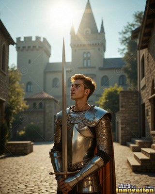 Wearing polished steel plate armor in a sunny castle courtyard, a young man carries a sword