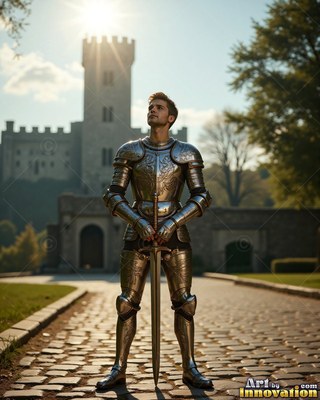 A young man in a suit of steel armor rests both hands on a long sword in bright sunlight