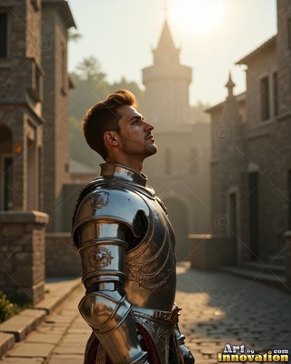 In profile, a young man in a suit of steel armor looks up on a stone street in sunlight