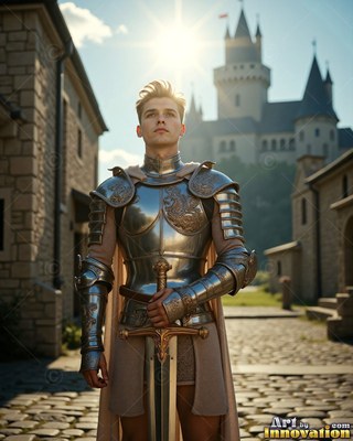 A young man in a suit of steel armor grasps a sword on a sunny path near a castle