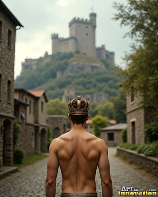 On a cobblestone street, a shirtless crowned man faces a stone castle