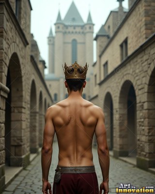 Facing a stone castle, a shirtless man wears a gold crown in a quiet street