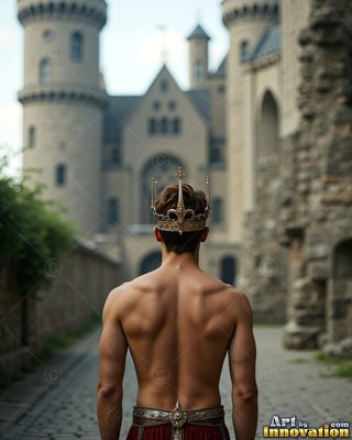 A gold crown rests on a bare-chested man standing on a stone road by a castle