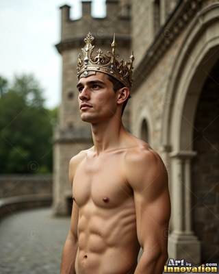 A shirtless man stands outside a stone castle wearing a gold crown in soft daylight