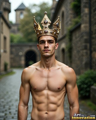 Facing forward in a stone courtyard, a shirtless man wears a gold crown