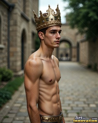 A shirtless young man wearing a tall gold crown outside a stone castle courtyard