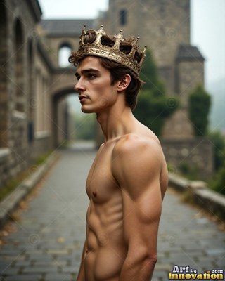 Outside a stone castle, a shirtless young man stands wearing a gold crown