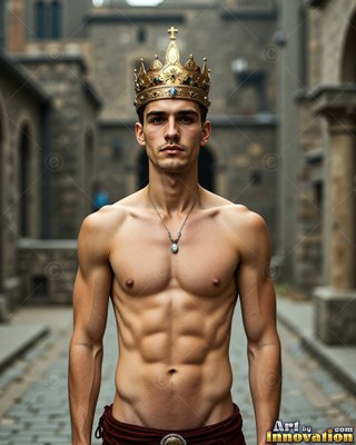 Standing shirtless in a stone courtyard, a muscular man wears a gold crown