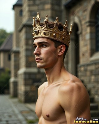 A shirtless young man wearing a gold crown outdoors