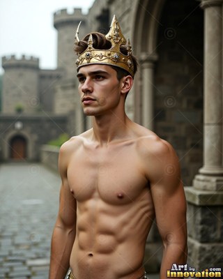 A gold crown sits on a shirtless young man standing in a stone castle courtyard