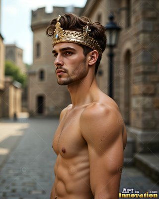 A shirtless man wears a gold crown on a stone street in the warm afternoon light