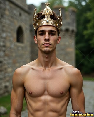 Facing forward outside a stone castle, a bare-chested young man wears a gold crown