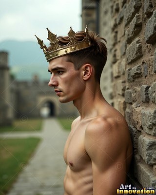 A shirtless young man in a gold crown leans against a castle stone wall