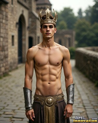 In a castle courtyard, a shirtless young man stands wearing a gold crown