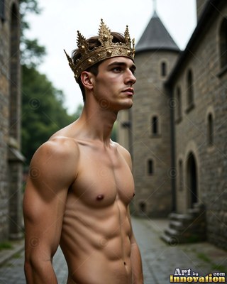 Wearing a gold crown, a shirtless young man stands outside a gray stone castle