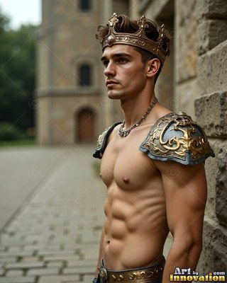 A shirtless man wears a gold crown outside a stone castle