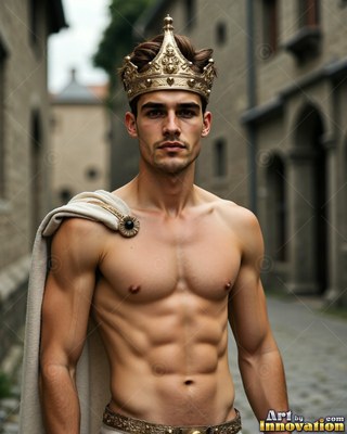 A gold crown sits on a shirtless young man wearing a light cape on a stone street