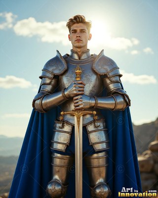 A young man wearing steel armor grasps a sword upright against bright sunlight