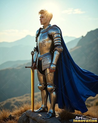Standing in profile on a hill, a young man wearing silver armor wears a blue cape
