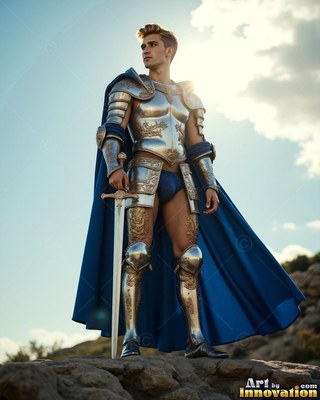 A yellow-haired man wearing silver-plated armor and a blue cape holds a sword outdoors under a sunny sky
