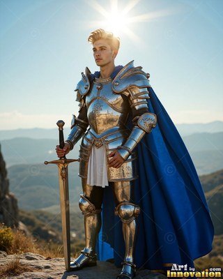 On a sunny hilltop, a young man in silver armor plus a blue cape has a sword in hand