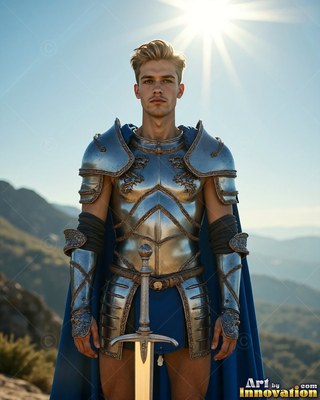 Standing in bright sun, a blond man wears steel armor alongside a blue cape