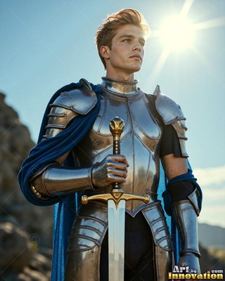 A blond-haired man in steel armor grips a sword under bright sun