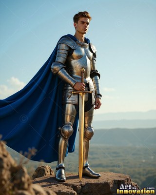 Wearing a bright cape colored blue, a young man dressed in steel armor holds a sword on a high cliff overlooking hills